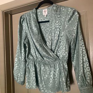Green silk leopard wrap top